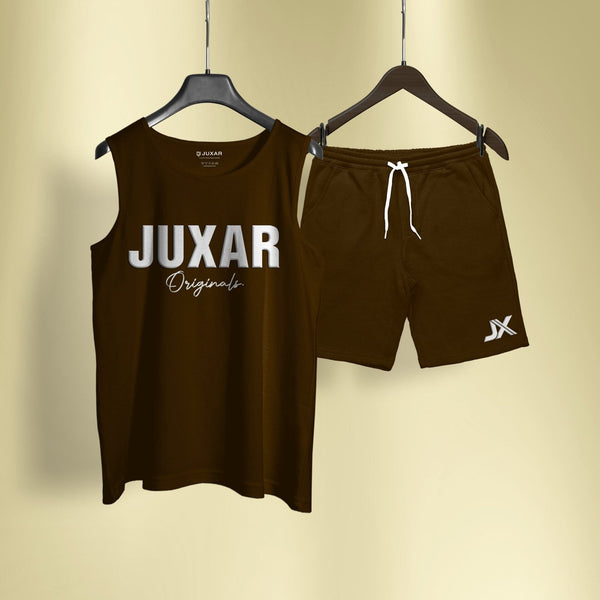 Juxar Korean style cord set featuring a brown sleeveless tank top and matching shorts with white drawstring