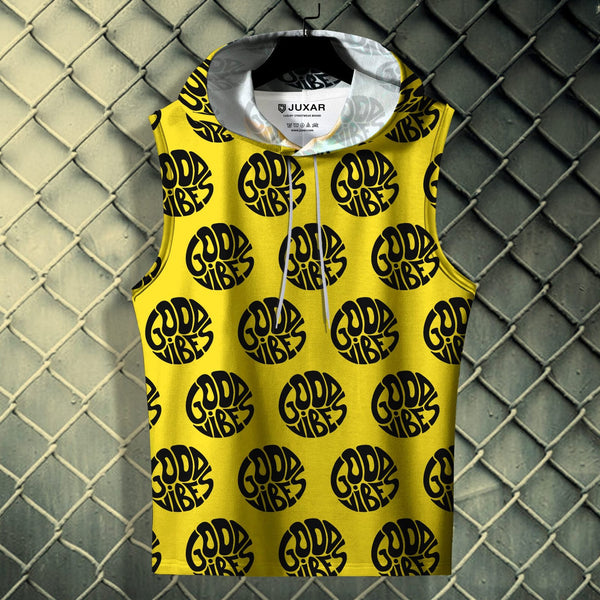 Juxar mens sleeveless hoodie with yellow background and black good vibes print latest sando design