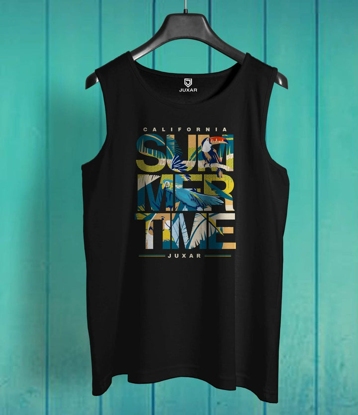 Juxar mens latest trending sando black sleeveless shirt with colorful summertime graphic print