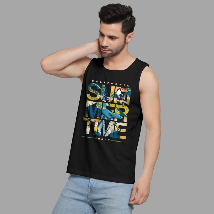 Juxar mens black sleeveless latest trending sando with colorful summer graphic print