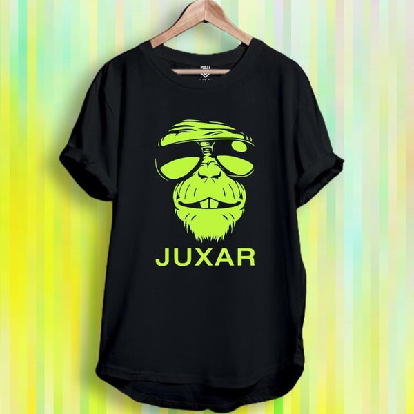 Juxar black cotton longline tee with neon green monkey sunglasses graphic and JUXAR text layered look cotton longline t shirt