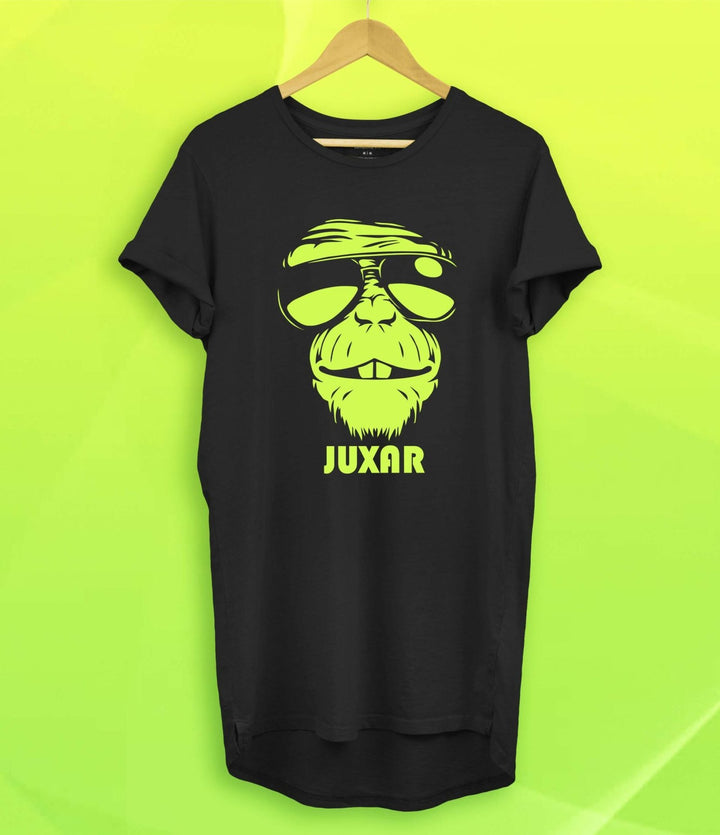 Juxar black cotton longline tee with neon green monkey sunglasses graphic and JUXAR logo layered look cotton longline t shirt
