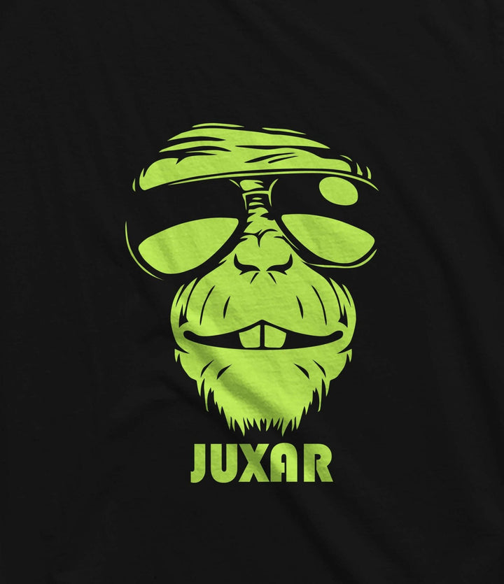 Juxar cotton longline tee with neon green monkey face and JUXAR logo on black background layered look cotton longline t shirt