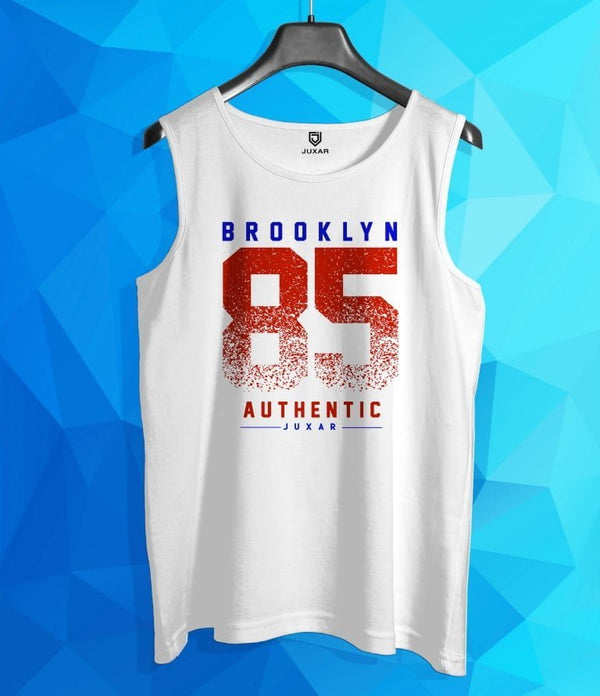 Juxar men's white lazy day wear vest with Brooklyn 85 graphic print on front