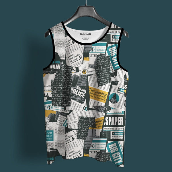 Juxar men's lightweight breathable sando with newspaper print design and black trim