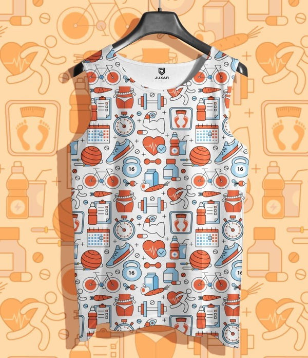 Juxar men's lightweight gym sando with fitness-themed print in white and orange colors