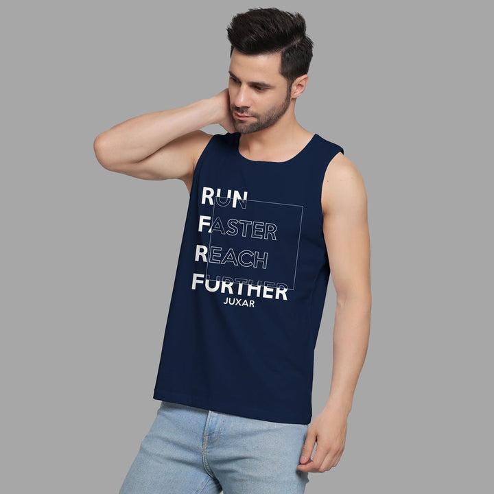 Juxar men's navy lightweight workout sando with RUN FASTER REACH FURTHER text design