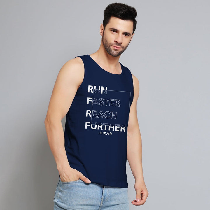 Juxar men's navy blue lightweight workout sando with motivational text and sleeveless design