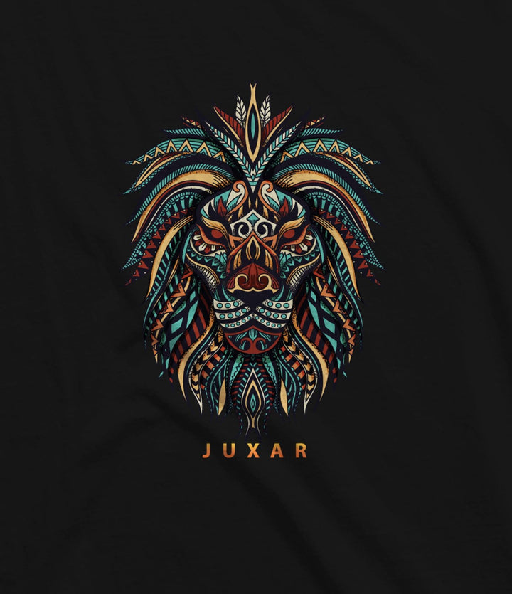 Juxar men's black lion face sando with colorful tribal lion face graphic design