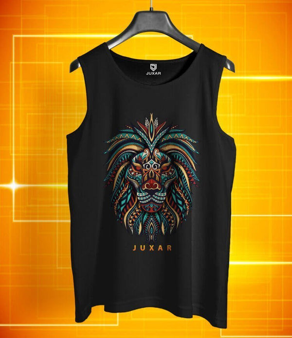 Juxar men's black lion face sando with colorful tribal lion graphic on front
