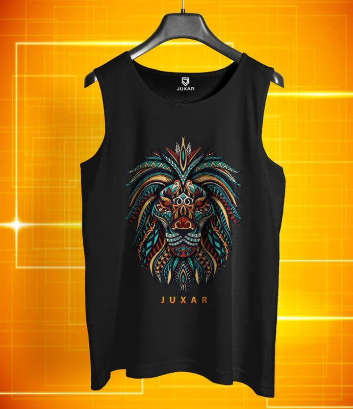 Juxar men's black lion face sando with colorful tribal lion graphic on front