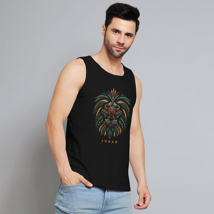 Juxar mens black tank top with colorful lion face sando graphic print