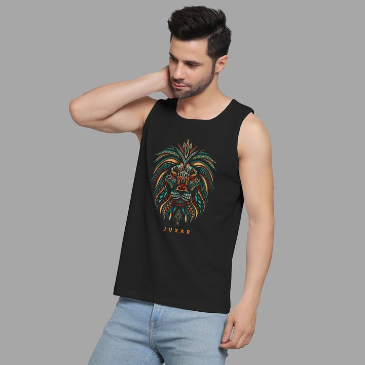 Juxar men's black lion face sando with colorful tribal lion graphic print