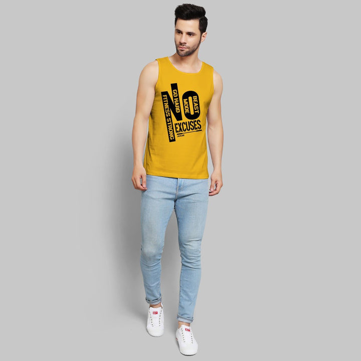Juxar men's yellow logo statement sando with black fitness print paired with light blue jeans and white sneakers
