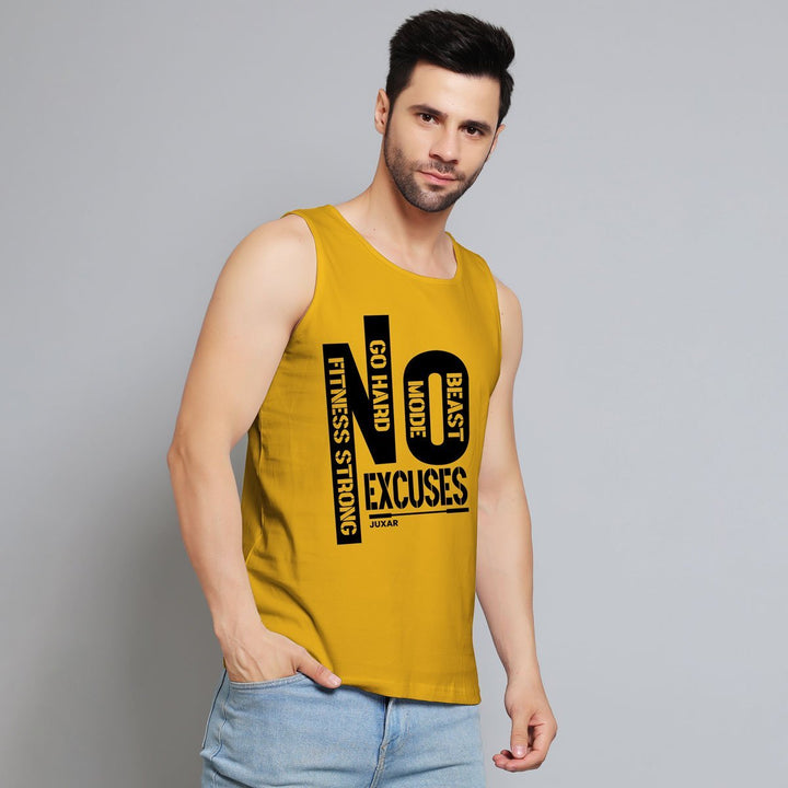 Juxar mens mustard logo statement sando with black motivational text and sleeveless design