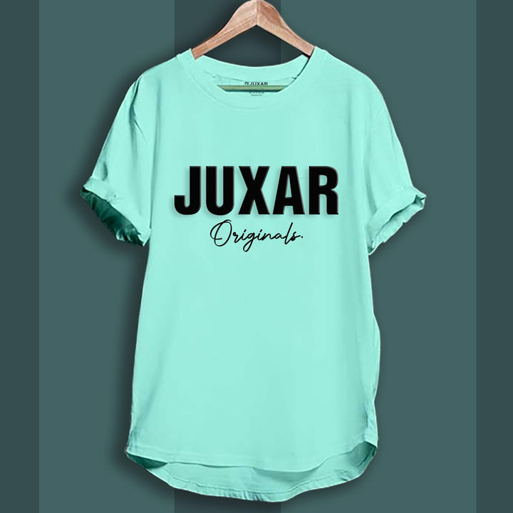 Juxar mint green longline cotton tee with JUXAR Originals logo rolled sleeves on wooden hanger