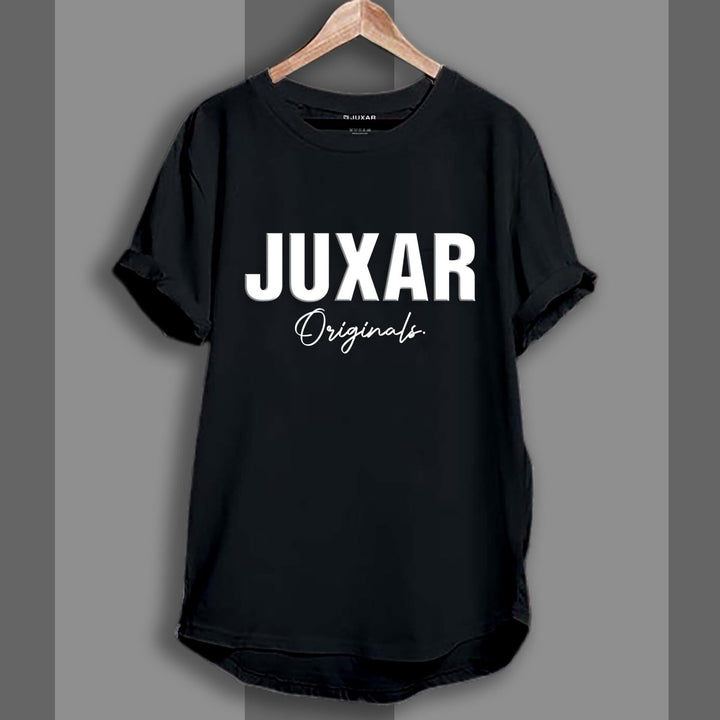 Juxar black longline cotton tee with JUXAR Originals white print rolled sleeves wooden hanger casual fit