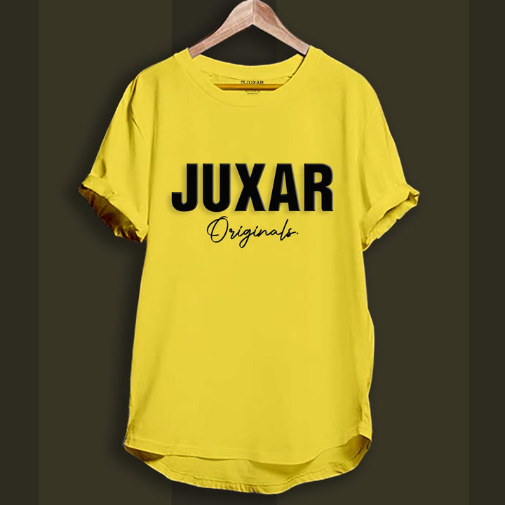 Juxar yellow longline cotton tee with JUXAR Originals print with curved hem and rolled sleeves on wooden hanger