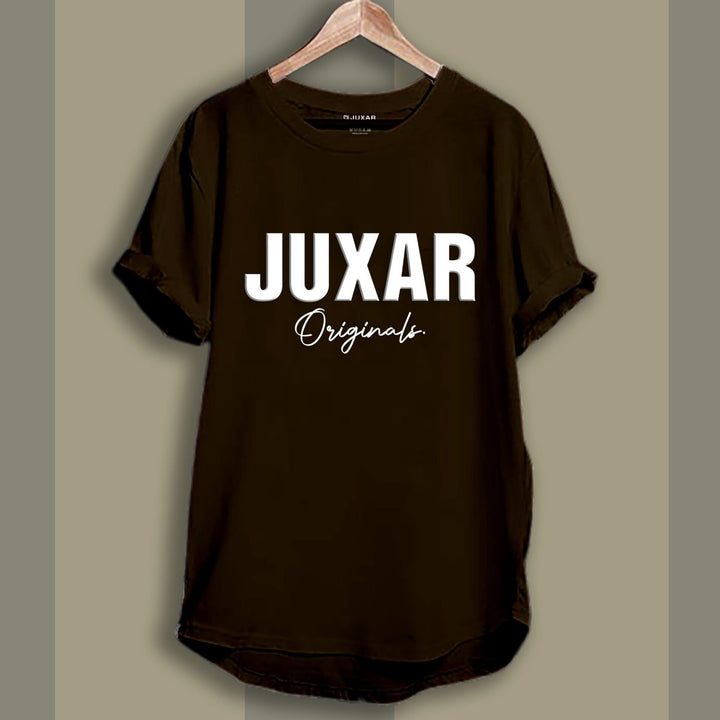 Juxar longline cotton tee black with white JUXAR Originals logo crew neck rolled sleeves on hanger