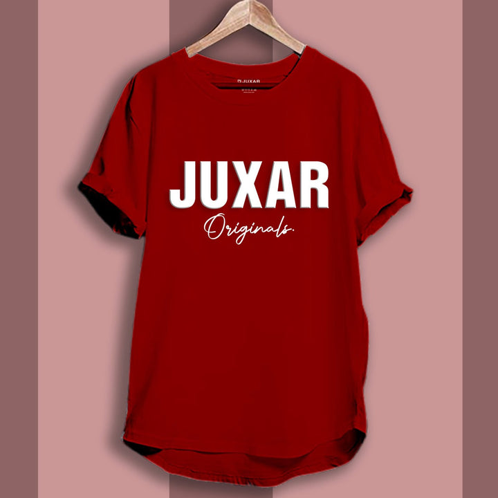Juxar red longline cotton tee with white JUXAR Originals logo on wooden hanger casual curved hem