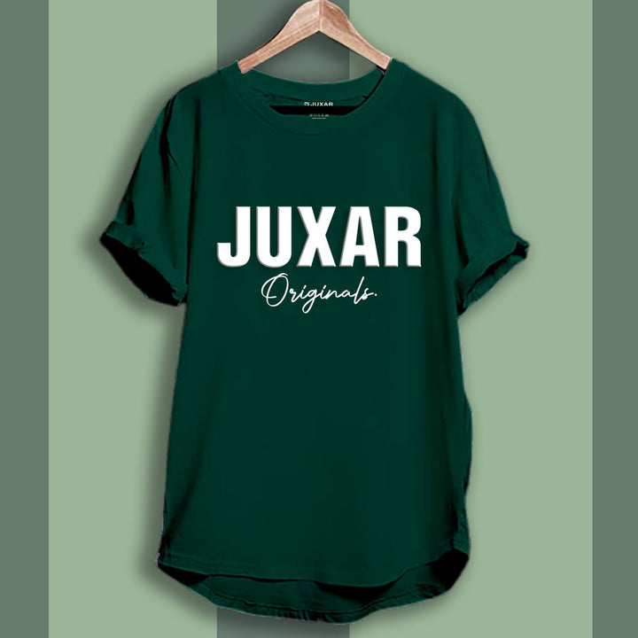 Juxar green longline cotton tee with JUXAR Originals front print on wooden hanger casual curved hem