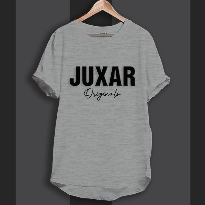Juxar light heather gray longline cotton tee with JUXAR Originals black logo curved hem on hanger