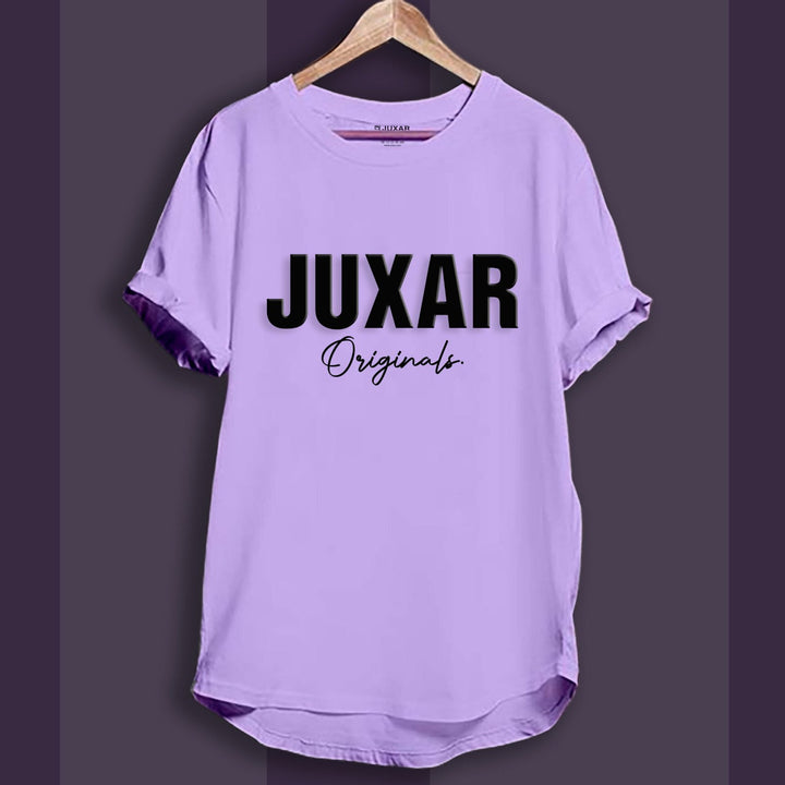 Juxar lavender longline cotton tee with bold JUXAR Originals front logo rolled sleeves and curved hem