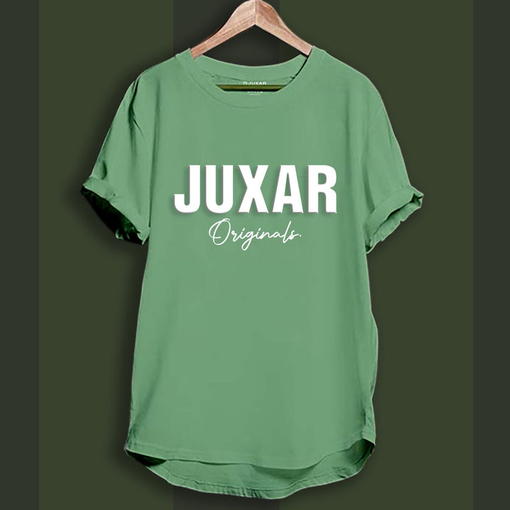 Juxar green longline cotton tee with JUXAR Originals front logo on wooden hanger casual fit