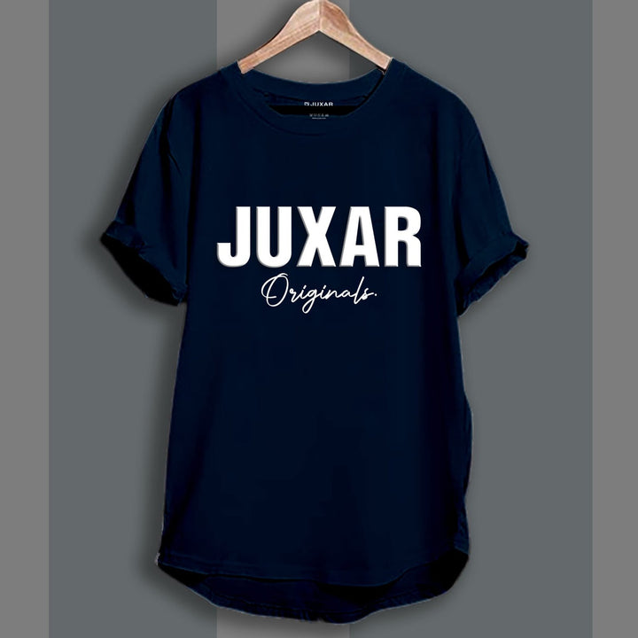 Juxar longline cotton tee in navy with large JUXAR Originals print rolled sleeves and curved hem