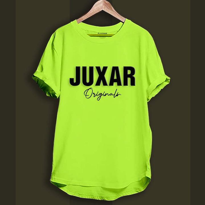 Juxar neon green longline cotton tee with JUXAR Originals black logo print and rounded hem on wooden hanger
