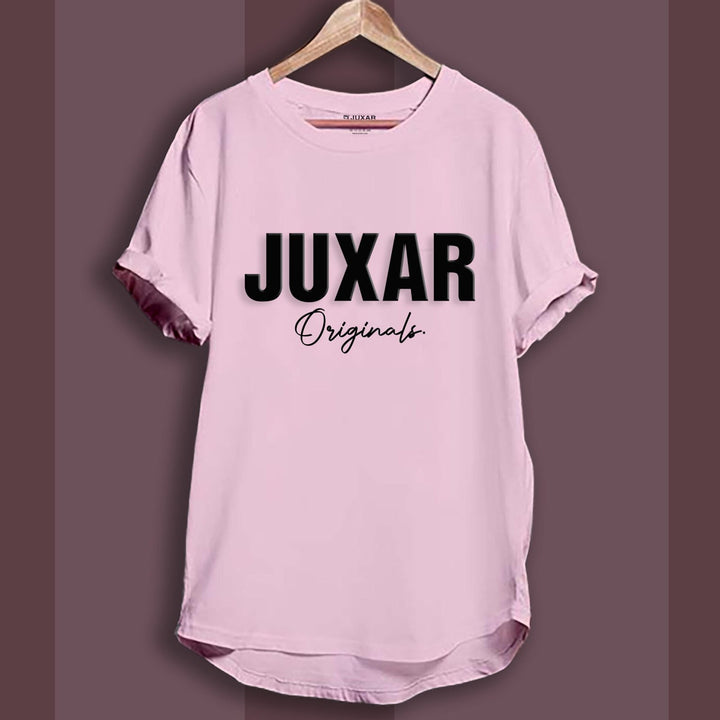 Juxar Originals pink longline cotton tee with bold black logo print rolled sleeves curved hem on hanger