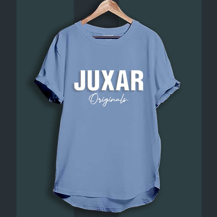Juxar light blue longline cotton tee with white JUXAR Originals print rolled sleeves curved hem on hanger