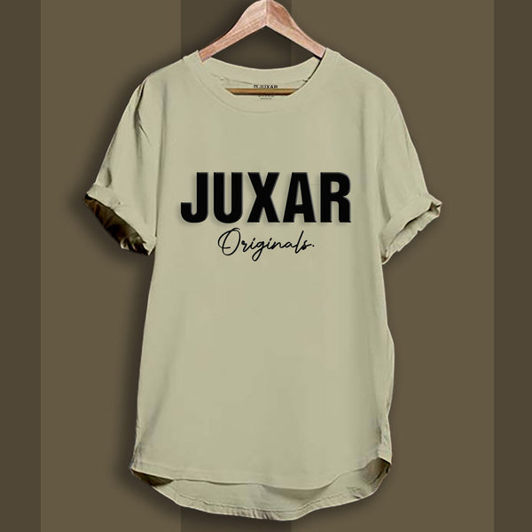 Juxar beige longline cotton tee with JUXAR Originals logo rolled sleeves and curved hem on wooden hanger
