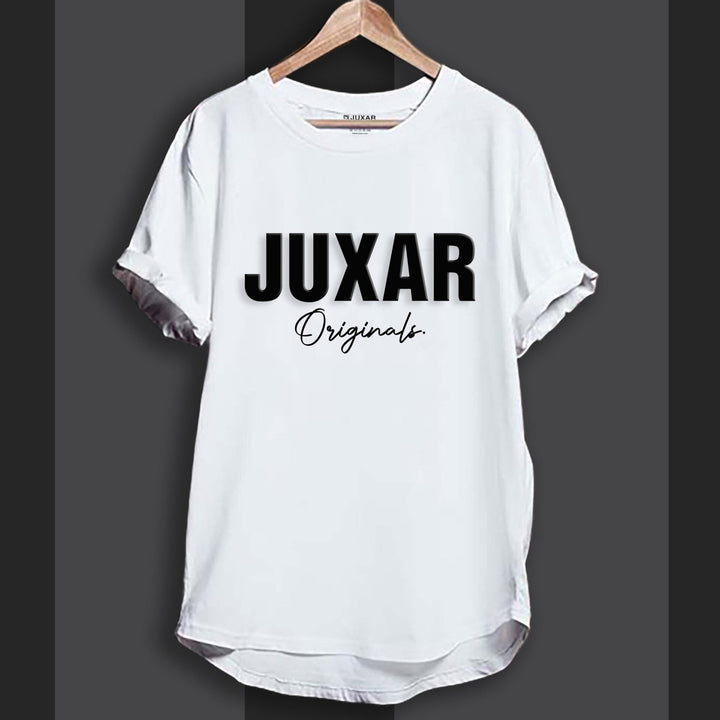 Juxar white longline cotton tee with JUXAR Originals print crew neck and rolled sleeves on hanger