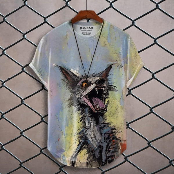 Juxar printed longline t-shirt for men with artistic snarling cat design in vibrant colors