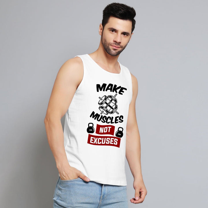 Juxar white loose fit sleeveless sando with motivational 'Make Muscles Not Excuses' print for men
