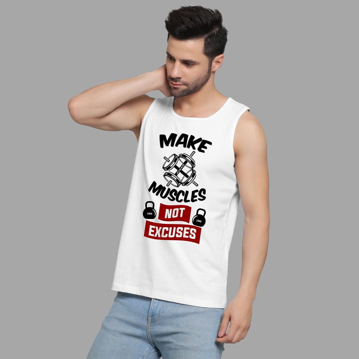 Juxar men's white loose fit sleeveless sando with motivational fitness graphic and light blue jeans