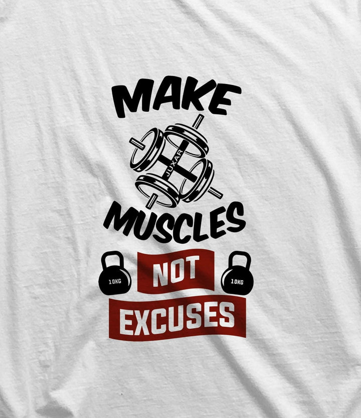 Juxar mens loose fit sleeveless sando in white with Make Muscles Not Excuses graphic print