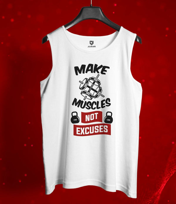 Juxar men's loose fit sleeveless sando in white with motivational muscle graphic and text