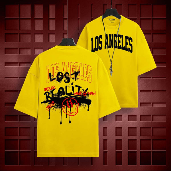 Juxar lost reality oversized t-shirt in yellow with Los Angeles text and graphic print on back