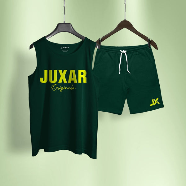 Juxar lounge wear cord set with green sleeveless top and matching shorts with yellow logo