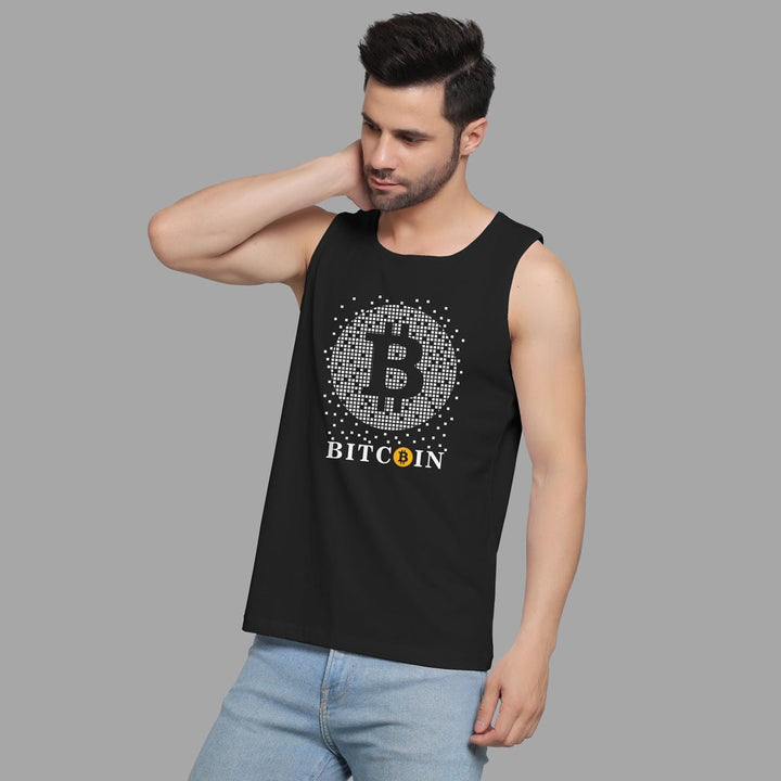 Juxar mens black tank top with Bitcoin logo featuring low price sando design