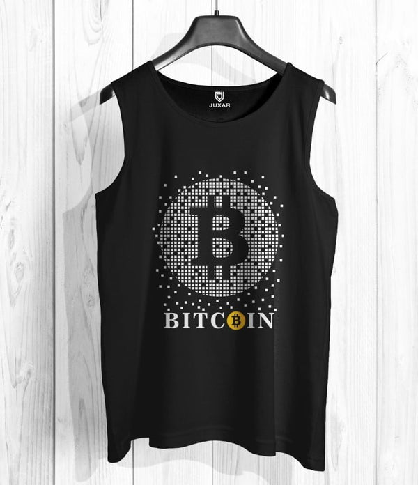 Juxar mens black Bitcoin graphic low price sando sleeveless shirt on hanger