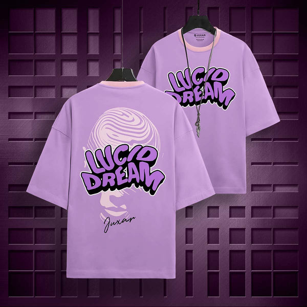 Lavender Lucid Dream oversized t-shirt by Juxar with bold text and graphic skull design on front and back