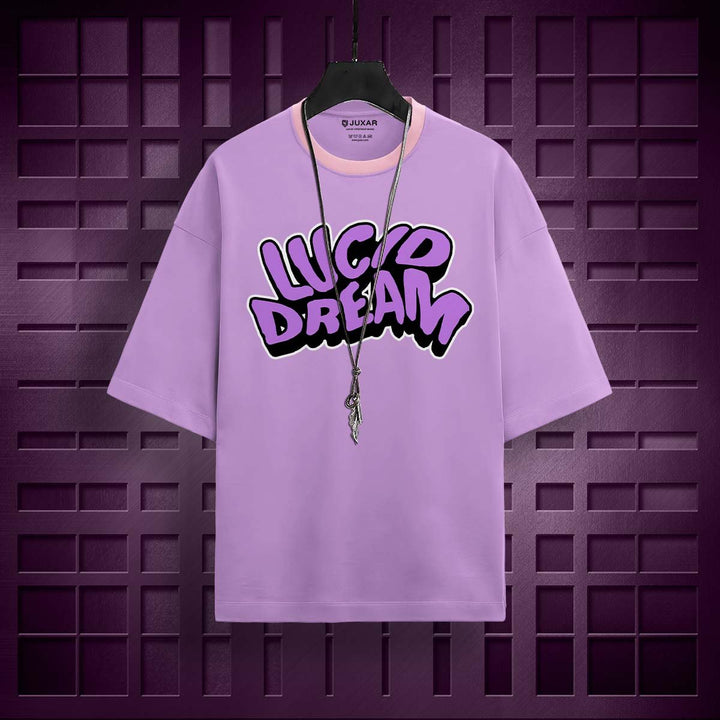 Juxar Lucid Dream oversized t-shirt in lavender with bold graphic text and relaxed fit