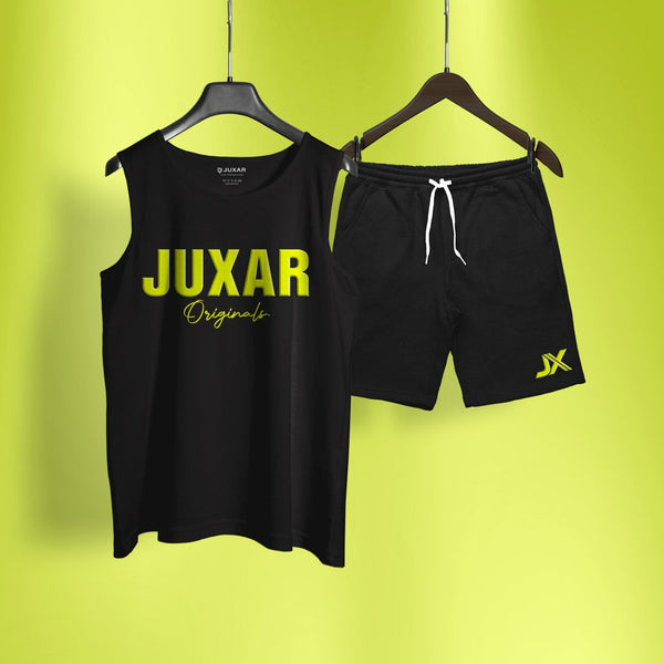 Juxar black sandos and shorts lycra fabric set with yellow logo and white drawstring
