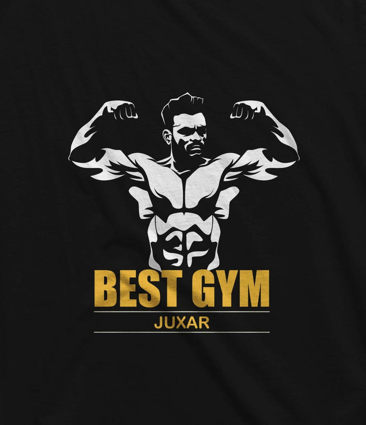 Juxar men's black vest with graphic of muscular man and text best gym made in india vest
