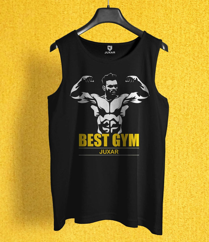 Mens made in india vest by Juxar in black with Best Gym graphic and muscular figure design