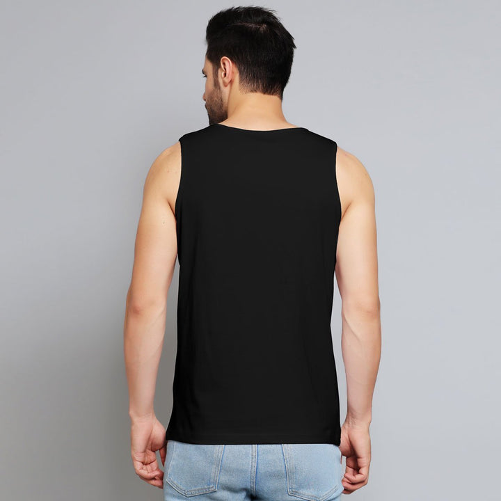 Mens black made in india vest by Juxar shown from the back with sleeveless design and casual fit