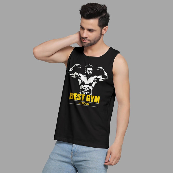 Juxar mens made in india vest black sleeveless gym tank top with best gym print